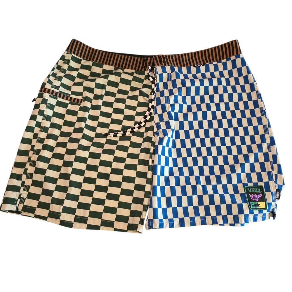Vans x Mami Wata Mens Board Shorts Checkerboard Green Blue Swim Trunks Sz 40